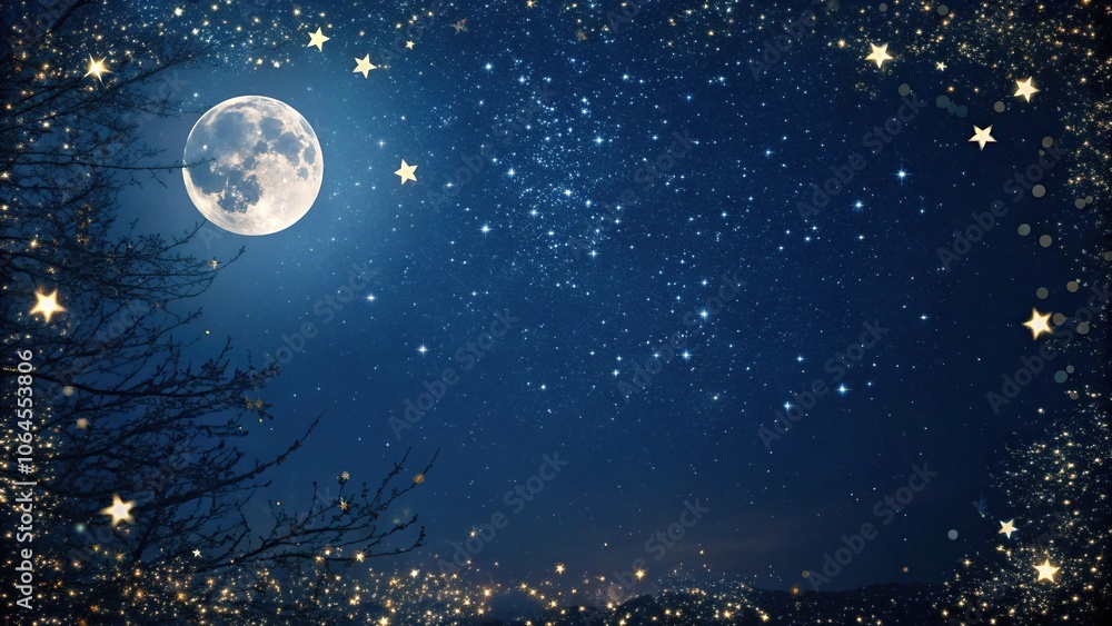 Fototapeta premium Dark blue night sky with twinkling stars and moon, surrounded by a frame of sparkling glitter bokeh, creating a magical atmosphere, sparkles, dark blue, celestial, night sky