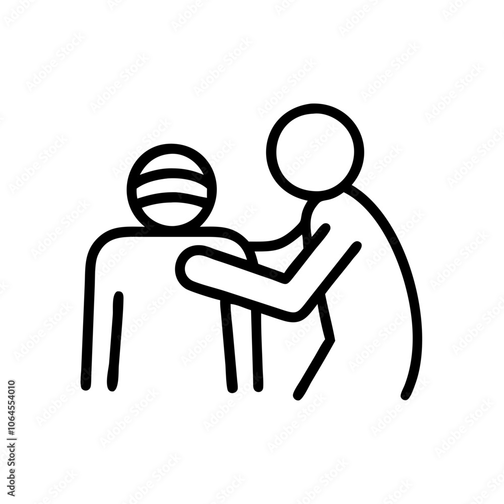 Fototapeta premium Simple, clean line art illustration of a nurse and patient icon, ideal for healthcare branding, digital design, educational materials, and medical websites.