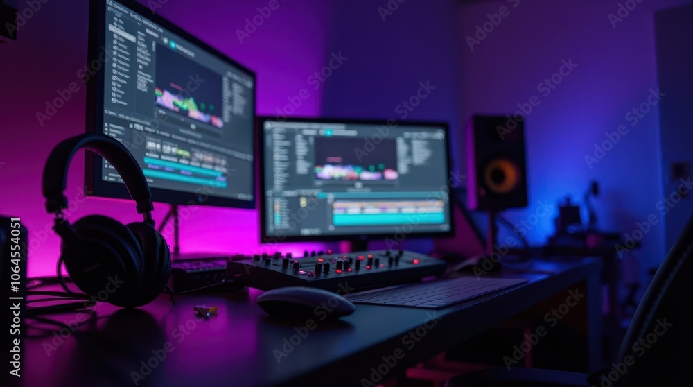 High-Energy Editing Workspace: Studio Headphones, Mixer, and Screen with Video Timeline in Dark, Vibrant Lighting High-Energy Editing Workspace: Studio Headphones, Mixer, and Screen with Video Timeline in Dark, Vibrant Lighting