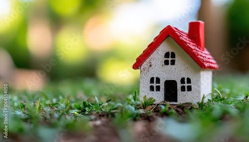 A small model house with a red roof sits on a grassy surface, surrounded by a softly blurred natural background.