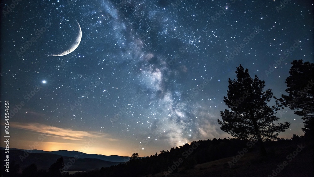 Dark canvas of stars with a silver crescent moon glowing softly in the sky, celestial bodies, lunar glow, nocturnal sky, moonlight, nighttime Dark canvas of stars with a silver crescent moon glowing softly in the sky, celestial bodies, lunar glow, nocturnal sky, moonlight, nighttime