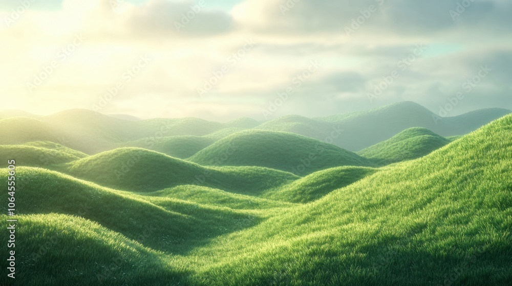 Gentle green hills with soft sunlight illuminating the grass, creating a warm and inviting landscape Gentle green hills with soft sunlight illuminating the grass, creating a warm and inviting landscape