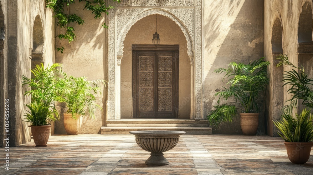 Serene Courtyard with Architectural Details and Plants Serene Courtyard with Architectural Details and Plants