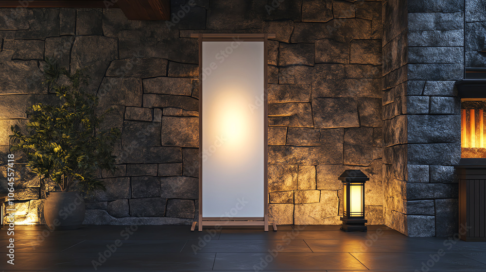 Obraz premium Mockup. Stone Facade, Evening Lighting, Rustic Ambiance