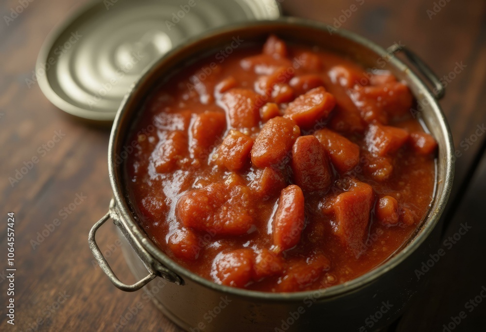 Open Canned Hot Dog Chili Sauce, Rich Brown Mixture with Meat Pieces, Top-Down View Open Canned Hot Dog Chili Sauce, Rich Brown Mixture with Meat Pieces, Top-Down View