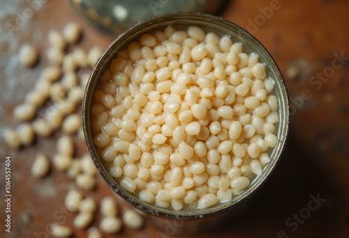 Open Canned Hominy in Brine, Large White Kernels Clustered, Top-Down View