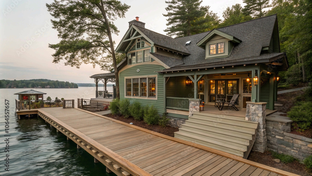 spacious two-story home with a private dock nestled among lush trees.” spacious two-story home with a private dock nestled among lush trees.”