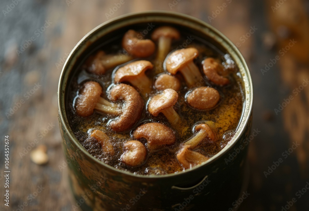 Open Canned Mixed Mushrooms in Oil, Various Brown Caps Visible, Top-Down View Open Canned Mixed Mushrooms in Oil, Various Brown Caps Visible, Top-Down View