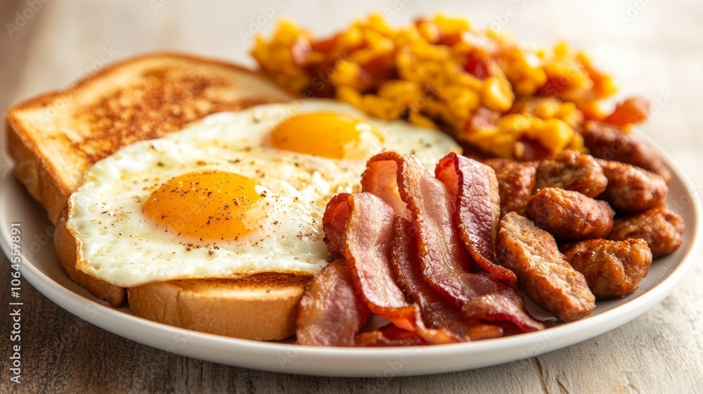 Delicious Breakfast Plate with Scrambled Eggs Bacon Sausage and Toast Delicious Breakfast Plate with Scrambled Eggs Bacon Sausage and Toast