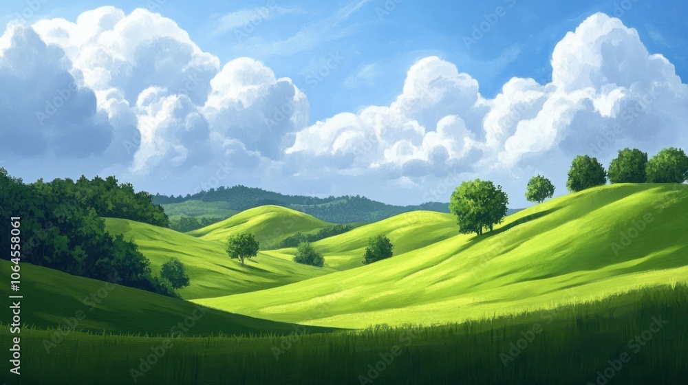 Green grassy hills with trees dotting the landscape, under a sky filled with soft white clouds Green grassy hills with trees dotting the landscape, under a sky filled with soft white clouds
