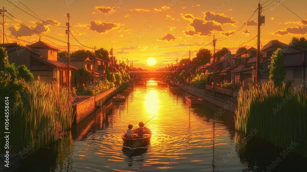 Fototapeta premium Sunset Canal Scene with Two People in Rowboat Japan