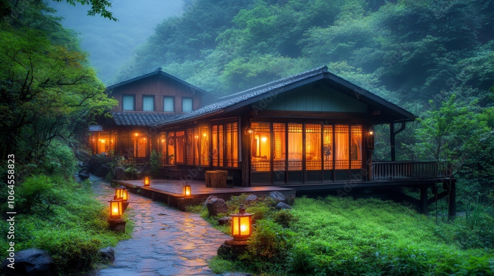 Japanese Style Wooden House in Forest with Lanterns and Stone Path Japanese Style Wooden House in Forest with Lanterns and Stone Path