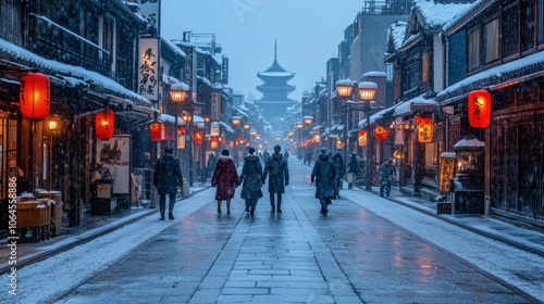 Snowy Street in Japan with Lanterns and Pagoda