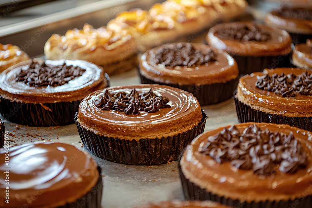 Freshly baked pastries in a bakery display, Monday morning, delicious start to the day. Freshly baked pastries in a bakery display, Monday morning, delicious start to the day.