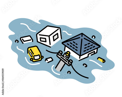 Illustration of a house washed away by flood