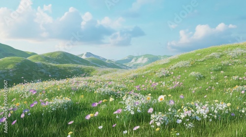 Green hills with patches of wildflowers scattered throughout, under a gentle blue sky