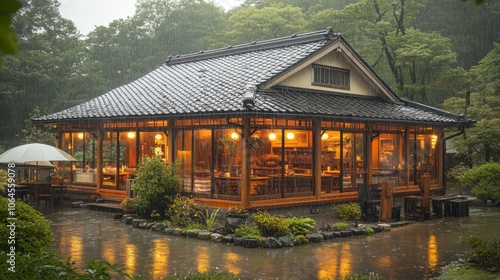 Traditional Japanese House with Rain and Lanterns