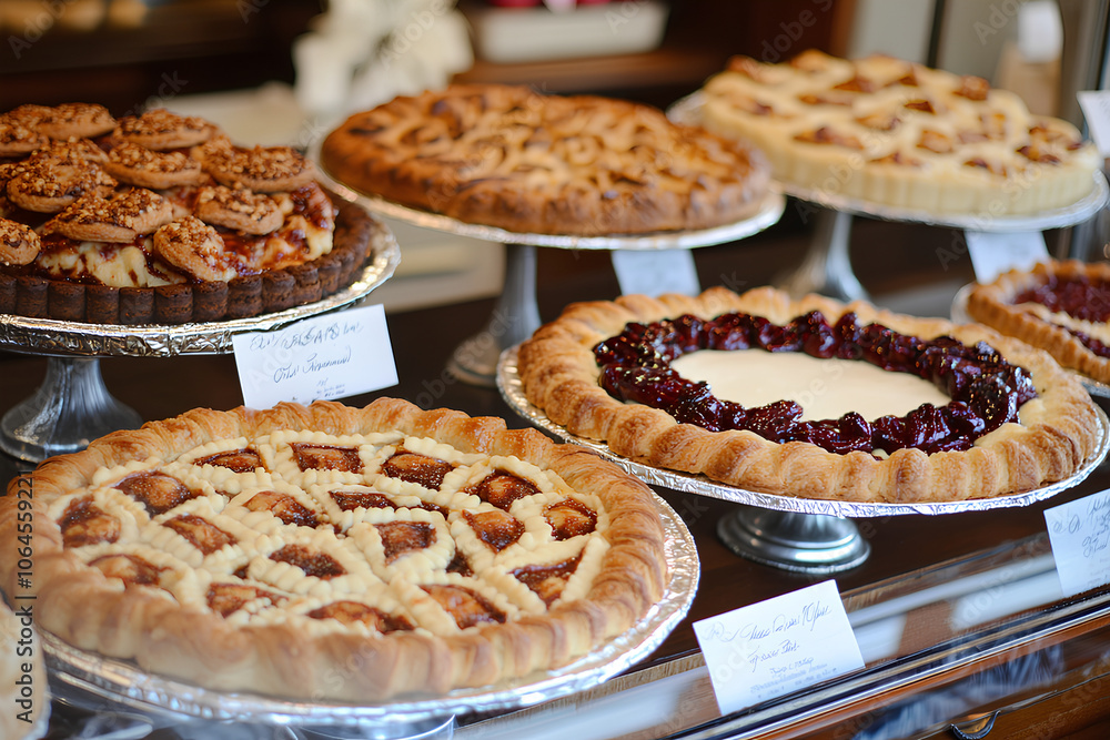 Freshly baked pastries in a bakery display, Monday morning, delicious start to the day. Freshly baked pastries in a bakery display, Monday morning, delicious start to the day.