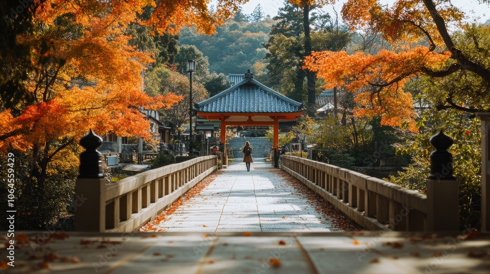 Woman walking on bridge in Japanese garden with autumn foliage Woman walking on bridge in Japanese garden with autumn foliage