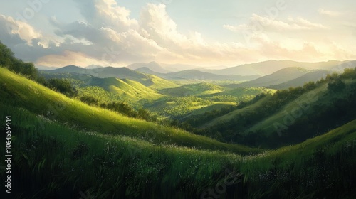 Lush green hills stretching into the distance, with soft sunlight casting shadows across the landscape