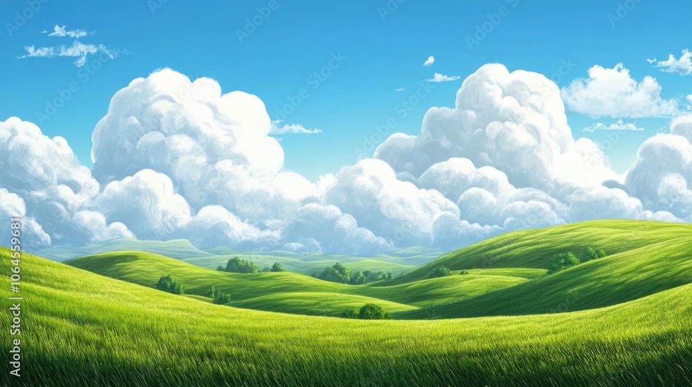 Rolling green grassy hills under a bright blue sky, creating a tranquil landscape with fluffy white clouds Rolling green grassy hills under a bright blue sky, creating a tranquil landscape with fluffy white clouds