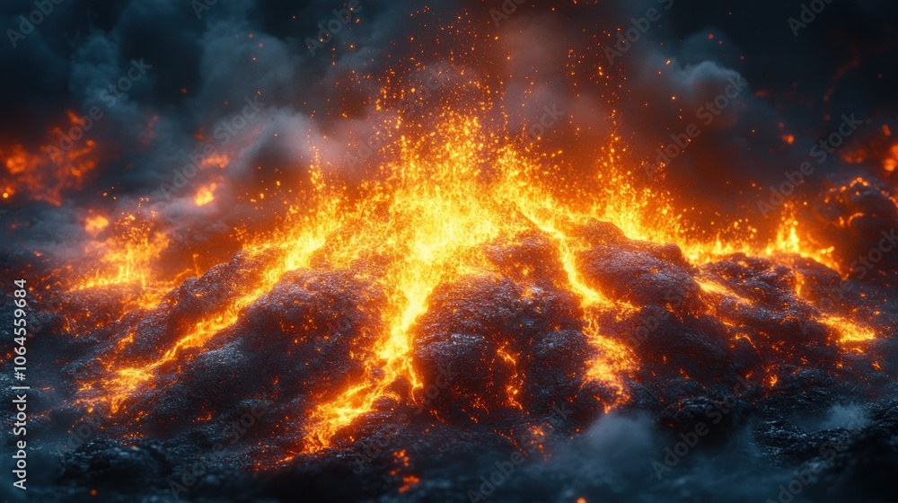 A fiery eruption of lava and smoke against a dark background. A fiery eruption of lava and smoke against a dark background.