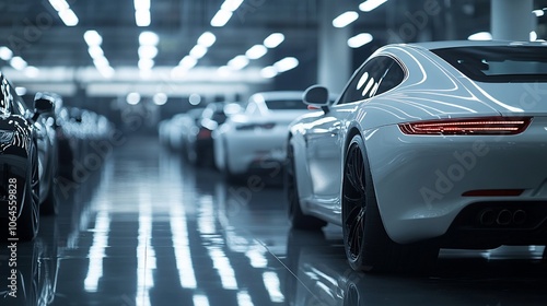 Row of white luxury cars parked in a warehouse.