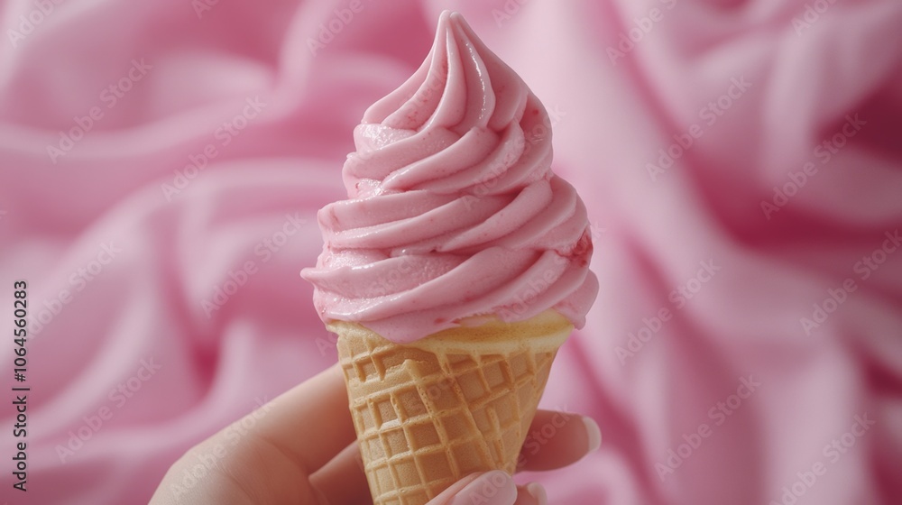 Pink Ice Cream Cone in Hand on Pink Background Pink Ice Cream Cone in Hand on Pink Background