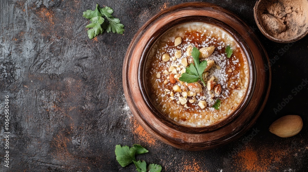 Creamy Dish with Nuts and Herbs in Clay Bowl Creamy Dish with Nuts and Herbs in Clay Bowl