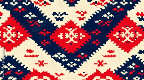 Abstract Geometric Knitted Pattern in Red, Blue, and White