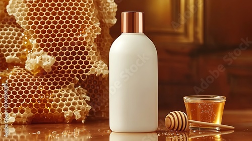 Honeycomb and Bottle Mockup with Honey Dipper photo