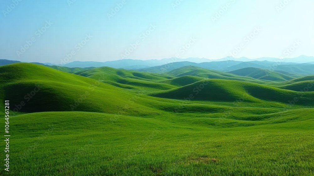 Rolling green hills with a clear blue sky, showcasing the simple beauty of open grasslands Rolling green hills with a clear blue sky, showcasing the simple beauty of open grasslands