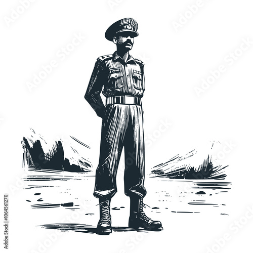 Men in uniform stand tall. Black white vector illustration.