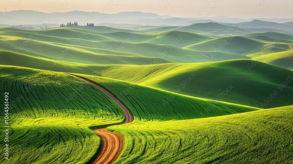 Rolling green hills with a dirt path winding through, leading toward the horizon under a clear sky Rolling green hills with a dirt path winding through, leading toward the horizon under a clear sky