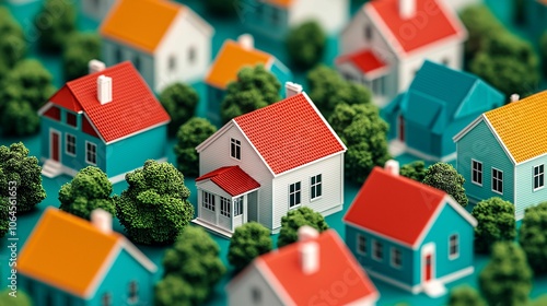 A colorful cluster of miniature houses surrounded by greenery, featuring red roofs and vibrant exteriors, showcasing a charming neighborhood scene.