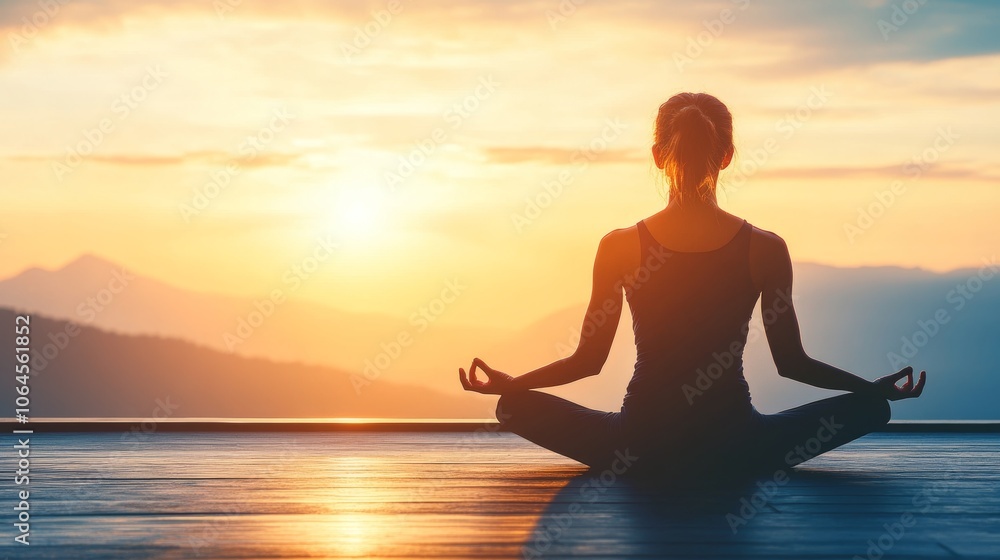 Woman meditating in lotus pose during sunrise with mountains in background Woman meditating in lotus pose during sunrise with mountains in background