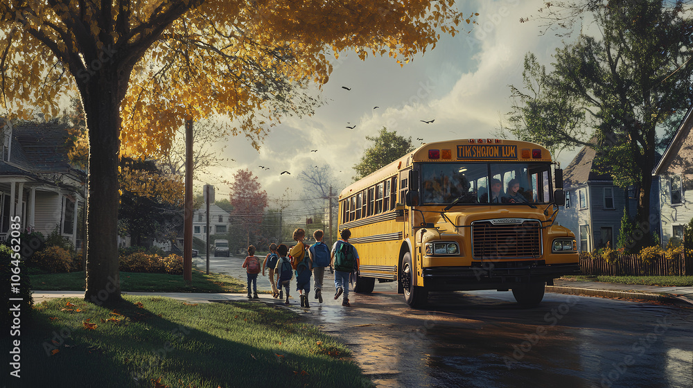 Obraz premium School bus picking up children, Monday morning, start of the school week
