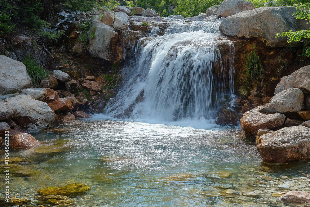 Small waterfall cascading over rocky terrain into a clear pool in natural outdoor setting. Small waterfall cascading over rocky terrain into a clear pool in natural outdoor setting.