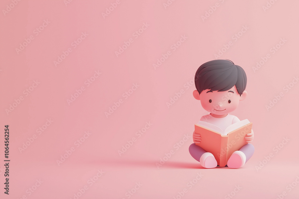 Child happily reading book on soft pink background illustration Child happily reading book on soft pink background illustration