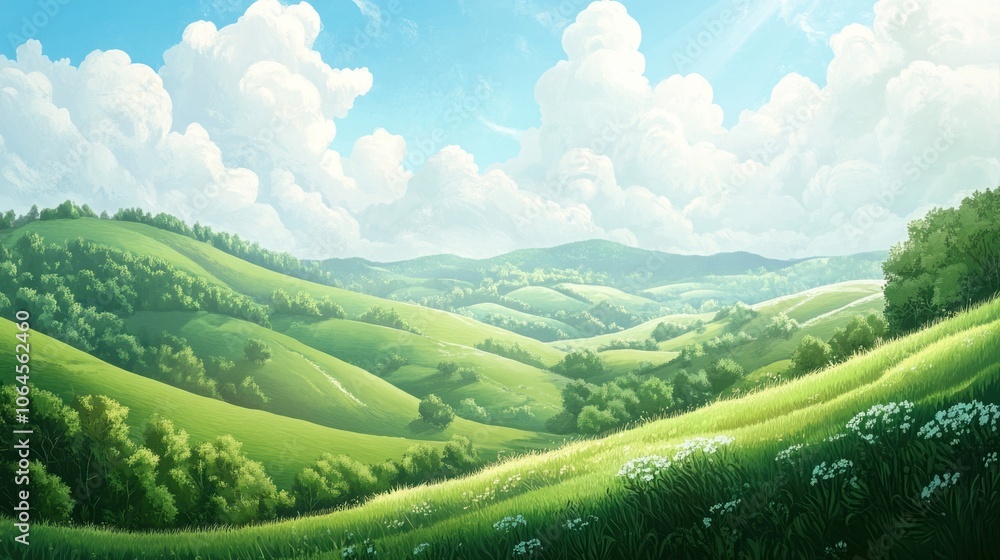 Rolling green hills with soft slopes and a bright sky above, perfect for an open, airy scene Rolling green hills with soft slopes and a bright sky above, perfect for an open, airy scene
