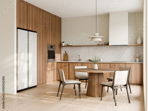 Modern kitchen with wooden cabinets and dining set. 3d render.