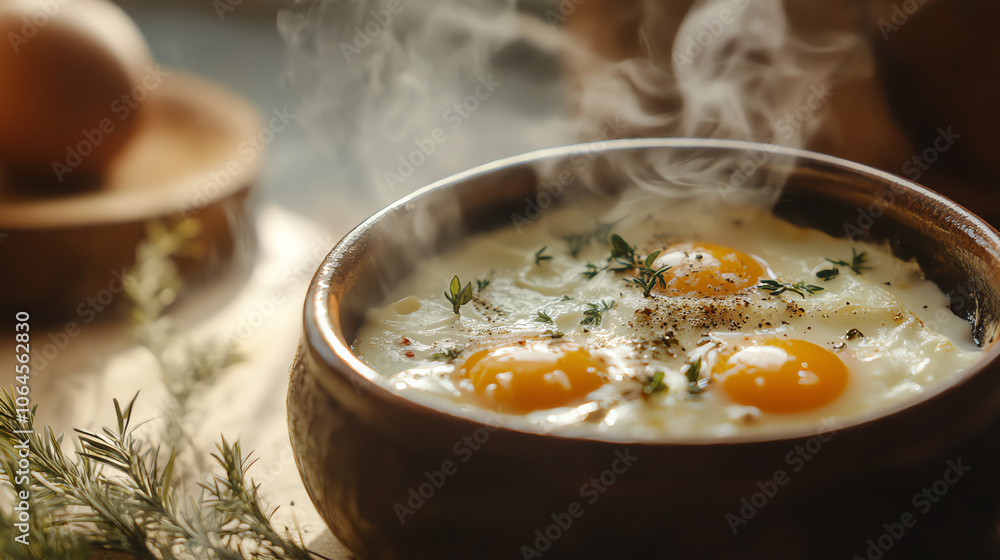 Steaming eggs en cocotte with herbs in ceramic bowl Steaming eggs en cocotte with herbs in ceramic bowl