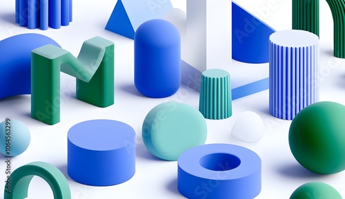 Blue and Green Geometric Shapes on White Background