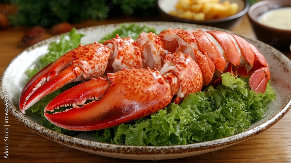 Cooked Lobster Claw on Salad Garnish Seafood Delicacy Plate Cooked Lobster Claw on Salad Garnish Seafood Delicacy Plate