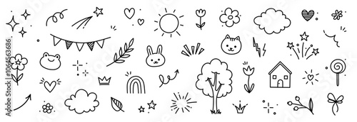 Cute kid icon element line flower, cloud, heart background. Hand drawn doodle cute cartoon scribble element set. Flower, heart, cloud children elements background. Vector illustration