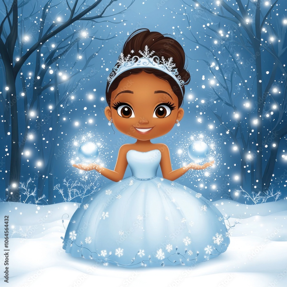 Happy girl in blue dress surrounded by snowflakes in winter wonderland. Happy girl in blue dress surrounded by snowflakes in winter wonderland.