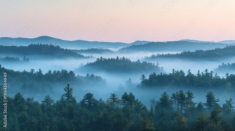 Misty Mountain Forest Landscape at Sunrise with Blue Sky and Clouds Misty Mountain Forest Landscape at Sunrise with Blue Sky and Clouds