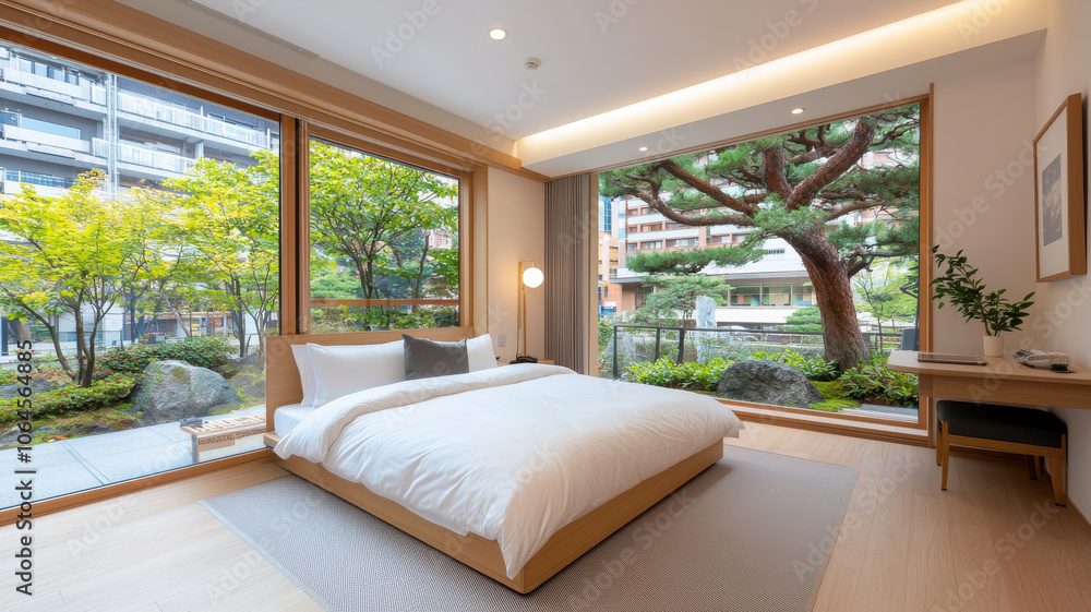 serene bedroom with view of tranquil garden, promoting relaxation serene bedroom with view of tranquil garden, promoting relaxation