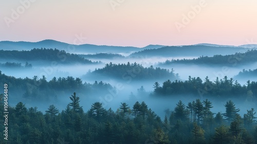 Misty Mountain Forest Landscape at Sunrise with Blue Sky and Clouds