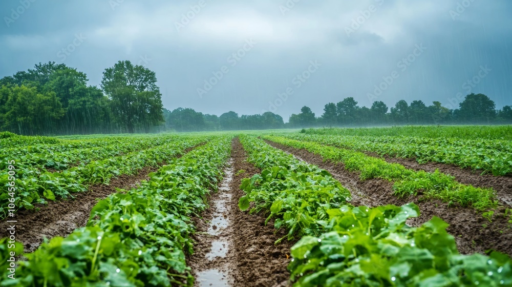 Rain Soaked Farmland with Green Crops and Muddy Rows Rain Soaked Farmland with Green Crops and Muddy Rows